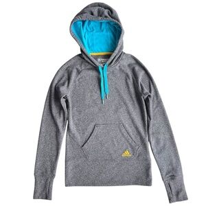 Adidas Women’s Sz XS Heather Gray Blue Yellow Logo Climawarm The Ultimate Hoodie